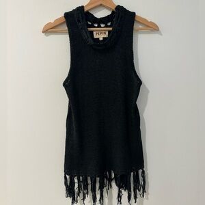 PEPIN Anthropolgie Black Knit Fringed Tank Top Size Small